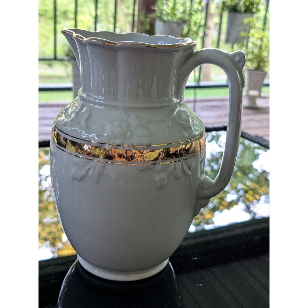 Burgess Burslem Antique Water Pitcher 1870s White Ironstone Gold Leaf Victorian